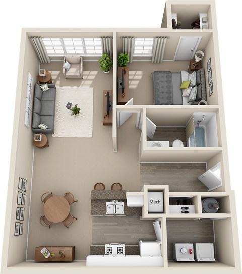 Floor plan for 1 bed, 1 bath, 834 sqft